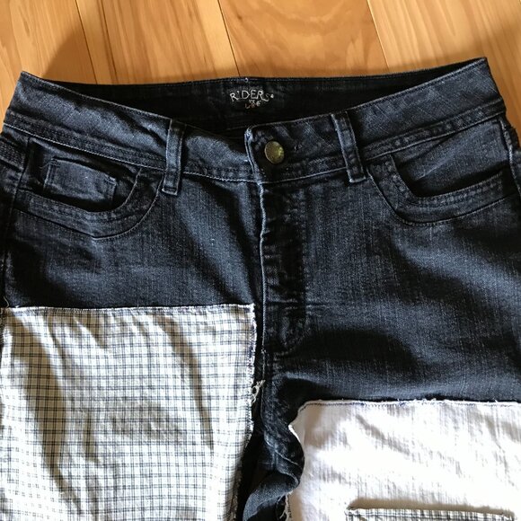 Upcycled Patchwork Jeans, Size 12: Black Grunge Hippie Pants, Tattered Patches - Picture 9 of 12